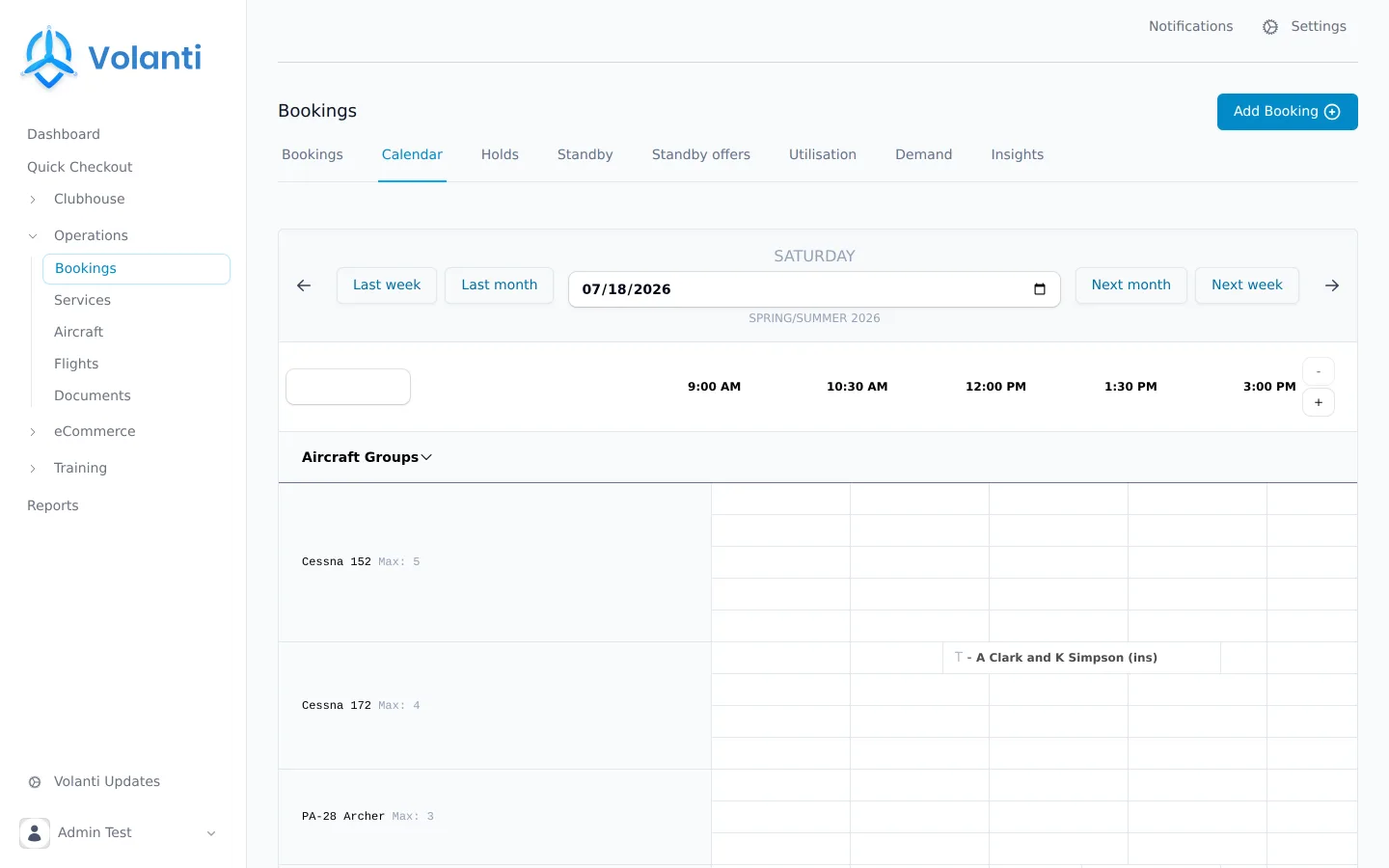 The Volanti booking calendar showing aircraft, instructors and rooms on one live diary