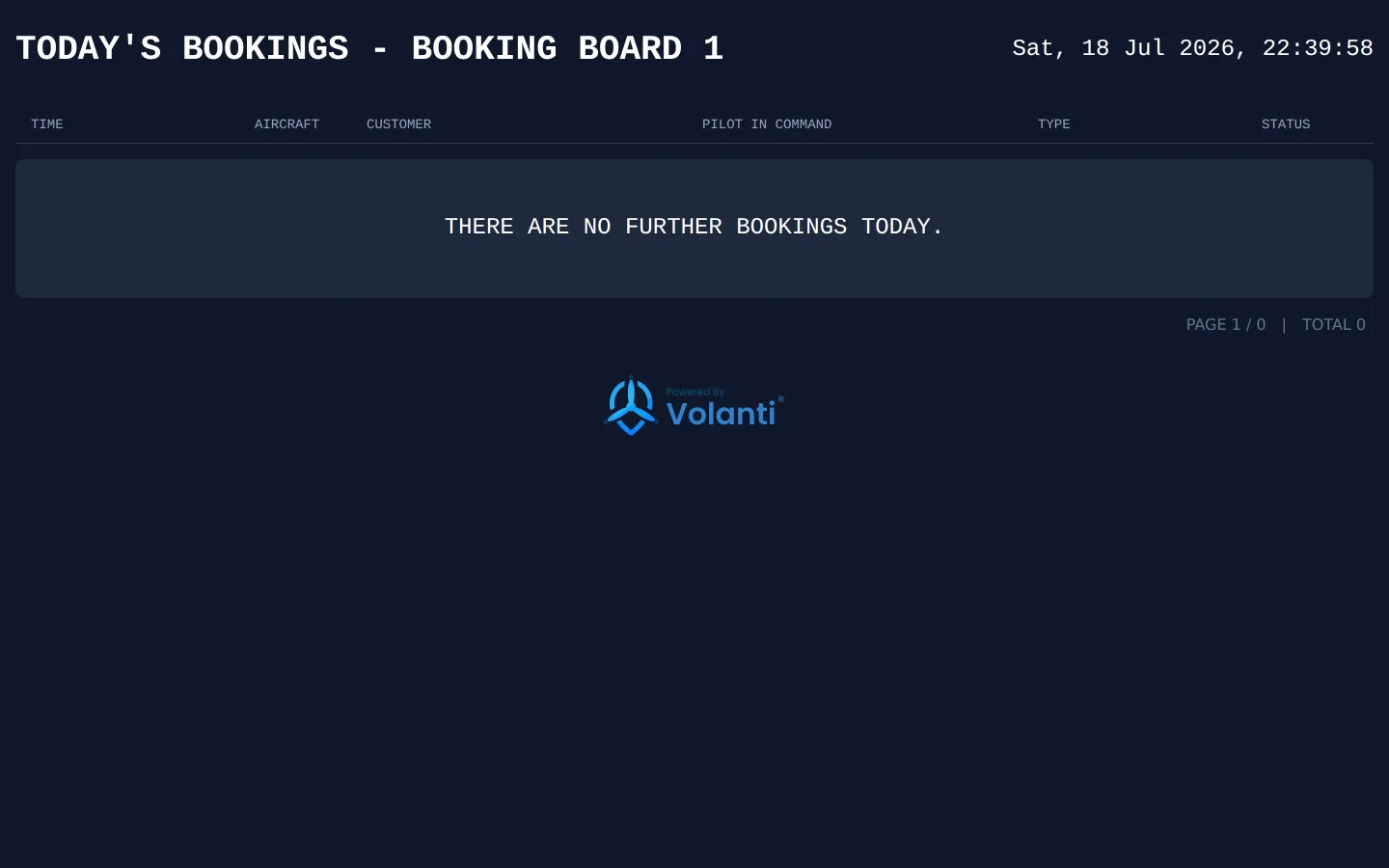 A Volanti live booking board showing the day's flying on an ops-room screen