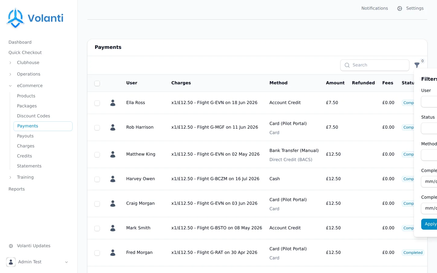 The Volanti payments view showing charges, member balances and settlement
