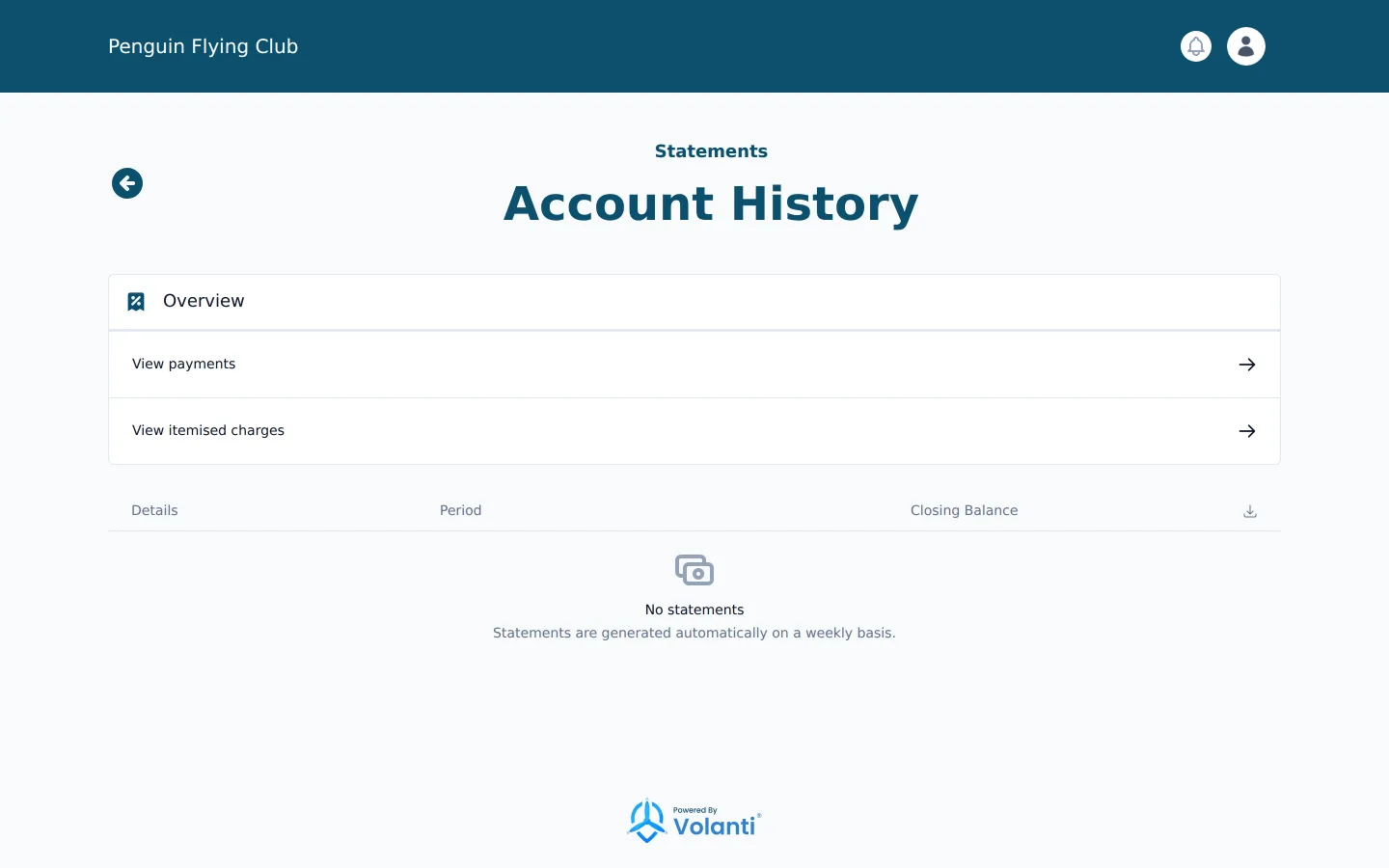A member statement in Volanti with charges, payments and a PDF download